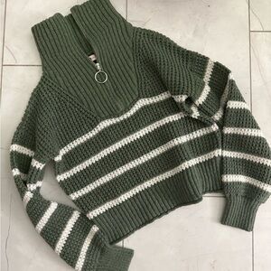 SO Olive and White Striped Women's Turtleneck Sweater